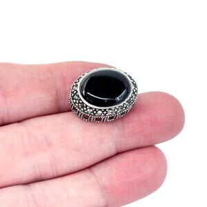 Thailand SU Marcasite Onyx Pendant | Estate Sterling Silver 925